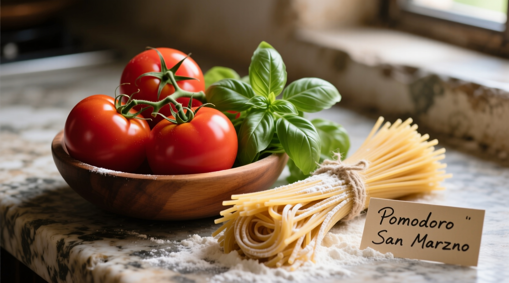 Fresh San Marzano tomatoes with basil and spaghetti