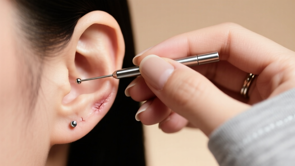 Hands gently inserting a threadless 16-gauge titanium earring needle into a healed earlobe piercing, demonstrating proper hygiene.