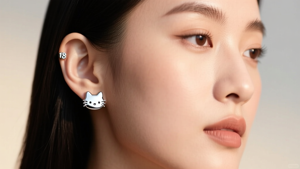 Profile of a woman wearing an 18-gauge silver Pusheen ear cuff on her helix cartilage alongside a simple, minimalist lobe stud.