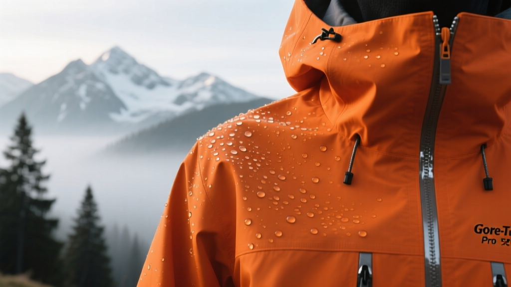 Close-up of water beading off a bright orange Gore-Tex Pro alpine jacket shoulder against a misty mountain background