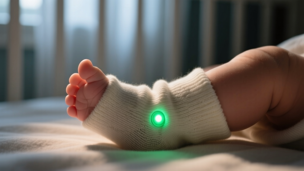 Close-up of a baby foot wearing a soft fabric smart sock with a small green LED indicator light glowing softly in dim room