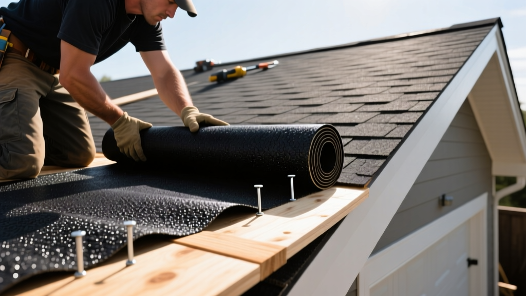 Black asphalt rolled roofing material being unrolled and nailed over plywood decking on a low-slope garage roof by a contractor