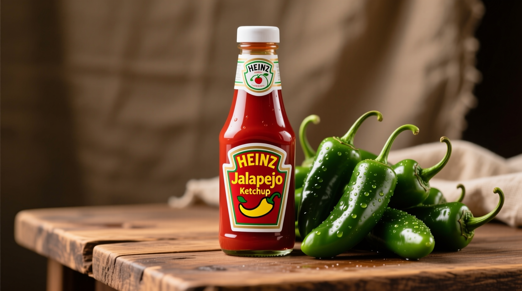 Heinz Jalapeno Ketchup bottle next to fresh jalapeño peppers