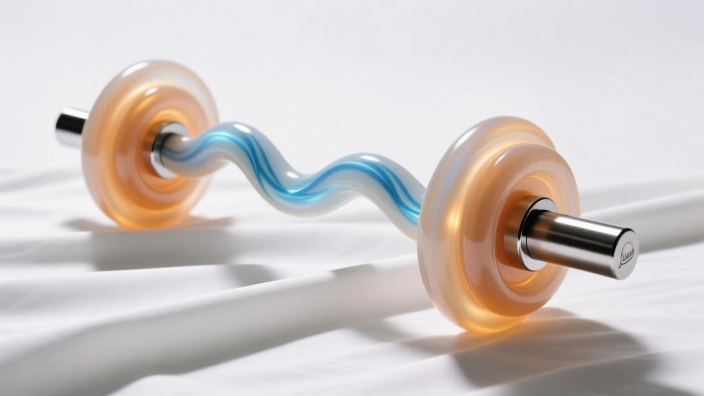 Flexible PTFE bioplast barbell with titanium ends coiled to show flexibility on a sterile drape under bright overhead light