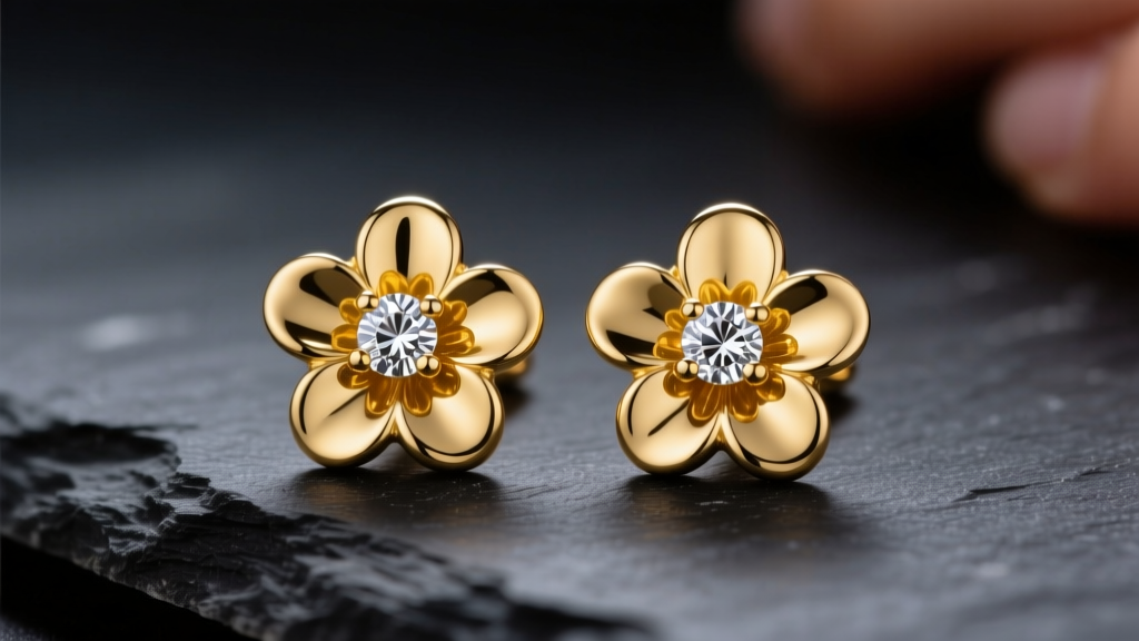 Macro shot of 14k yellow gold flower earrings studs with diamond centers resting on dark slate under warm studio lighting.