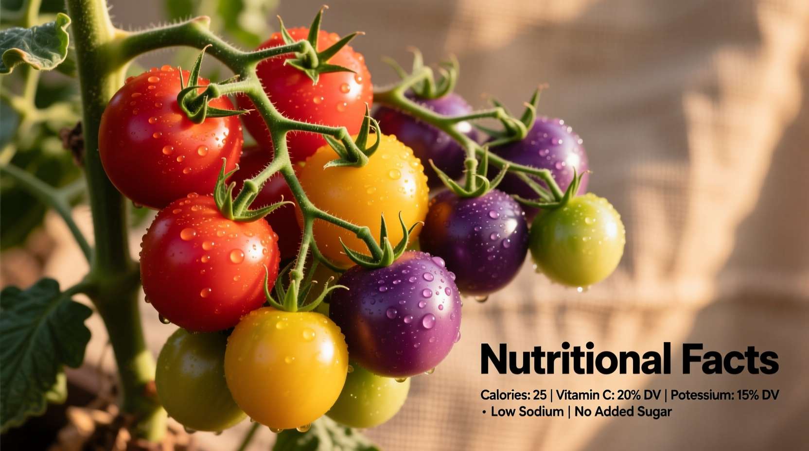 Colorful cherry tomatoes on vine with nutritional facts