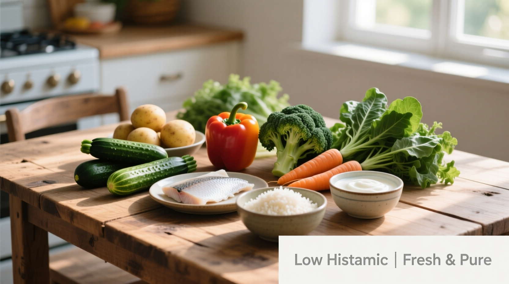 Fresh vegetables and low histamine food options on wooden table