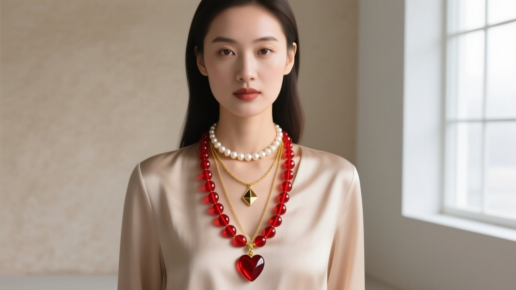 Woman wearing a layered stack with a pearl choker, an 18-inch red glass heart bead necklace, and a 22-inch gold pendant chain.