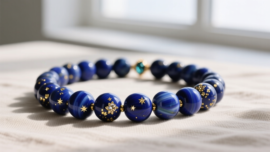 A lapis lazuli monk bead necklace showing golden pyrite flecks in the deep blue stone, resting against a neutral linen backdrop.