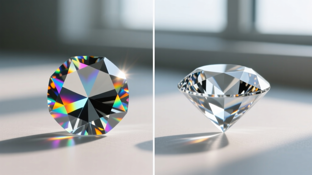 Side-by-side macro comparison of a faceted lead glass paste gemstone and a natural diamond showing differences in light dispersion