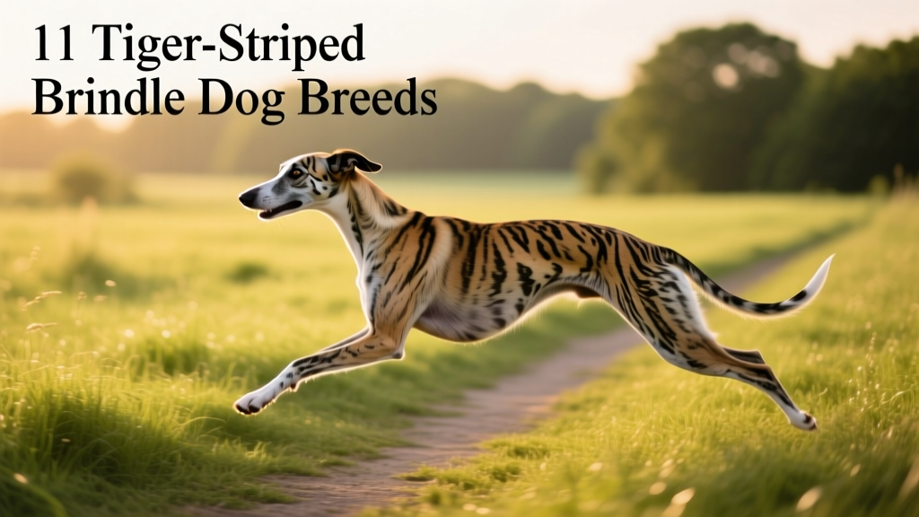 Whippet with sleek brindle coat mid-stride on a grassy field
