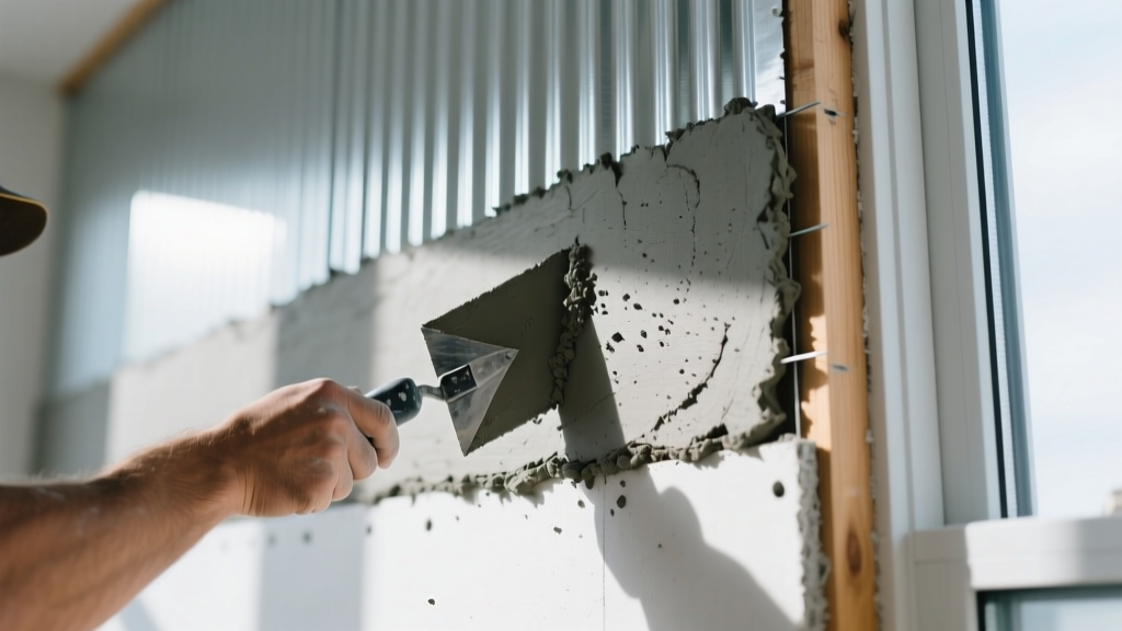 Contractor applying scratch coat of gray mortar over galvanized metal lath attached to a cement board interior accent wall.
