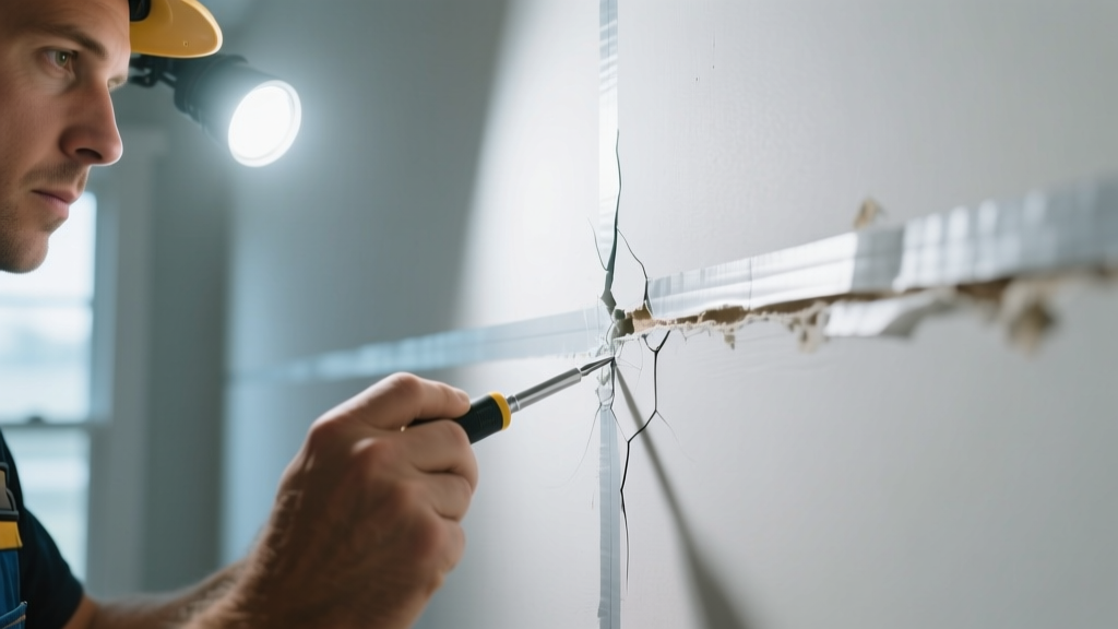 Close-up of a contractor using a bright LED work light to inspect a hairline crack along a taped drywall seam on a painted interior wall