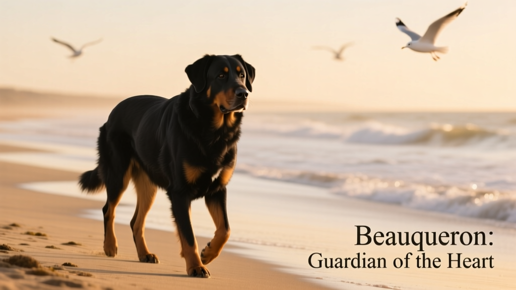 Adult Beauceron walks along beach