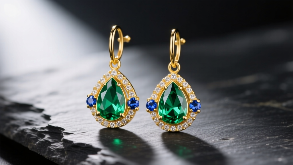 Macro shot of 18k yellow gold drop earrings with pear-cut emeralds and round blue sapphires resting on dark slate stone