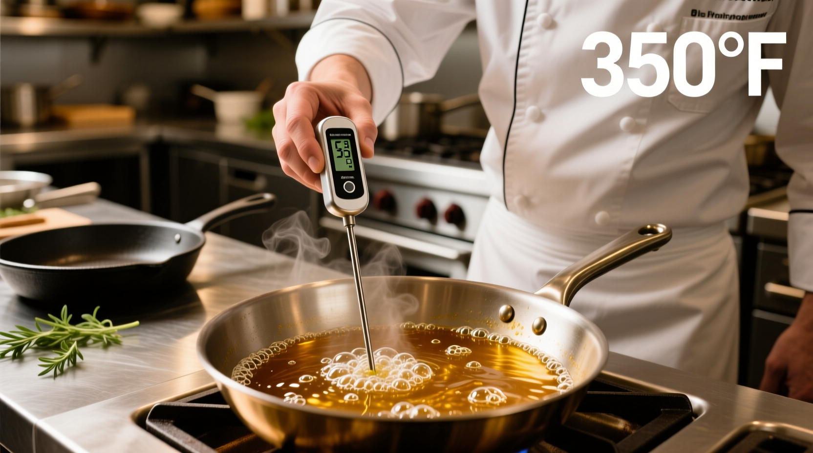 Chef testing oil temperature with thermometer