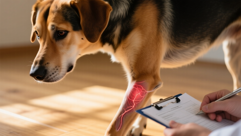 Close-up of a dog’s swollen, warm knee joint with visible discomfort