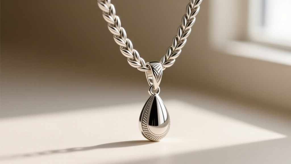 Macro shot of a woven silver wheat chain connecting to a polished teardrop pendant bail, highlighting metal texture and links