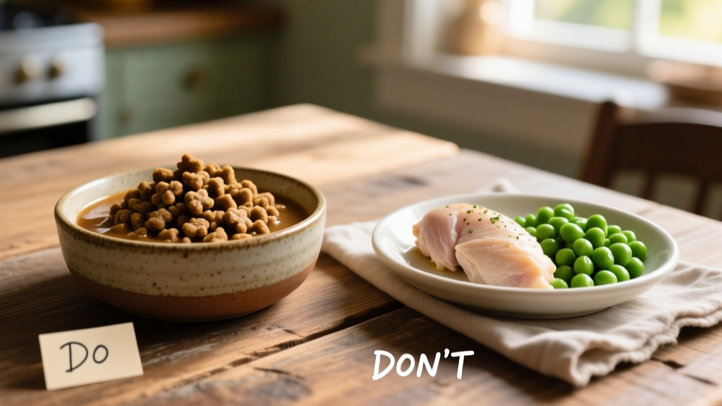 Side-by-side comparison: a balanced FurPetVo puppy meal in a ceramic bowl next to a small dish of plain boiled chicken and steamed peas