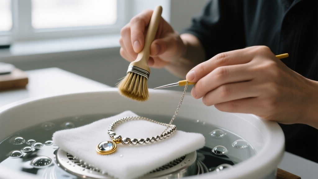 Jeweler using a fiberglass scratch brush and ultrasonic cleaner to prep a vintage gold-plated silver necklace before re-plating.