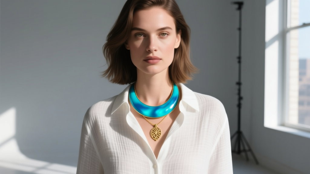 Woman wearing an 18-inch turquoise disk necklace layered with a delicate gold pendant over a crisp white linen button-down shirt
