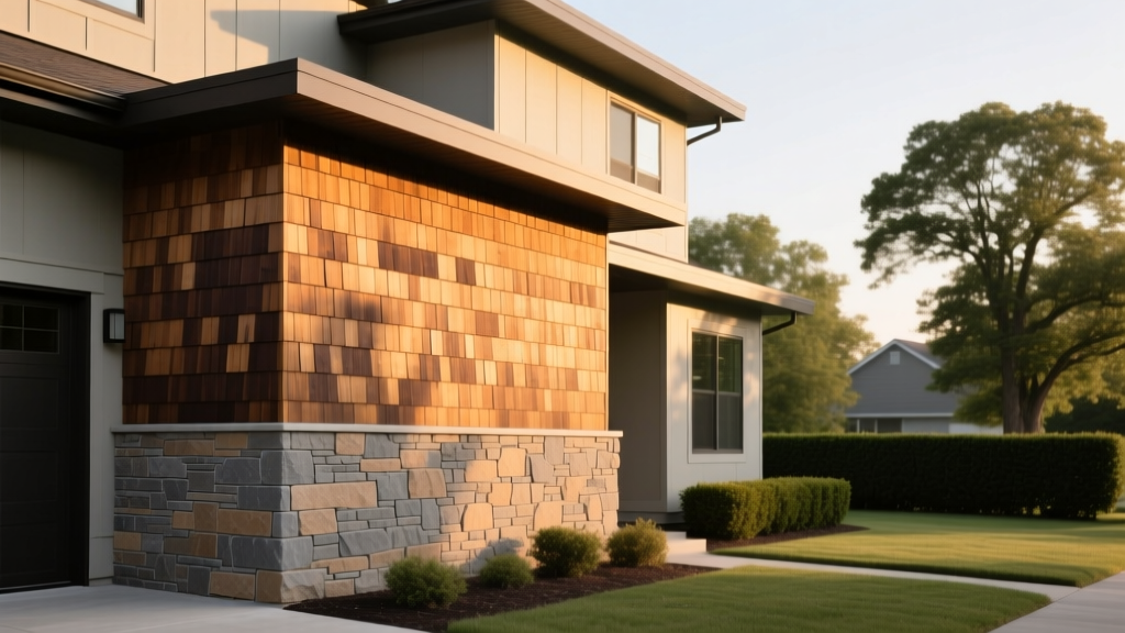 Exterior of a Lindenhurst home featuring manufactured stone veneer wainscoting and cedar shake siding