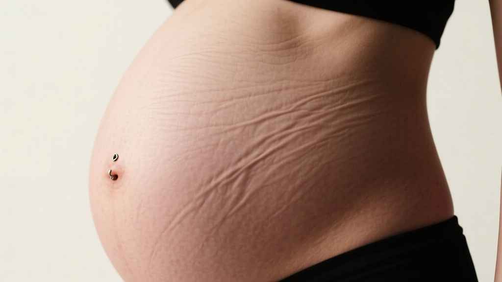 Pregnant midsection with a bare, healed navel piercing, highlighting natural skin stretching without any visible metal jewelry
