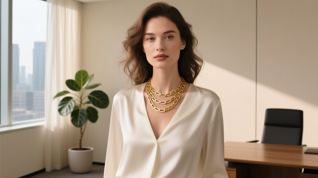 Woman in a silk blouse showcasing a minimalist matte gold box chain necklace stack against a soft neutral office background.