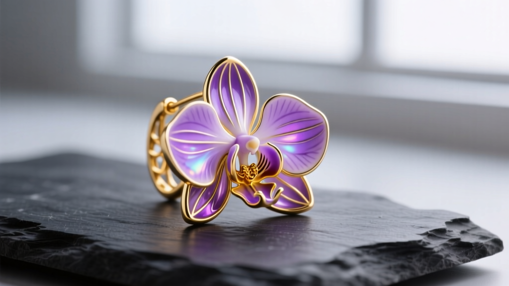 Macro photography of a delicate 14k yellow gold orchid earring with translucent purple cold enamel petals resting on dark slate