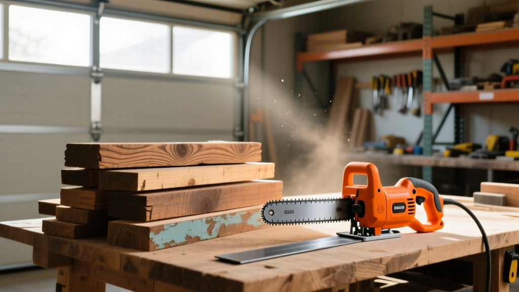 Weathered reclaimed lumber stacked neatly next to a modern framing square and a bright orange reciprocating saw in a sunlit garage workshop
