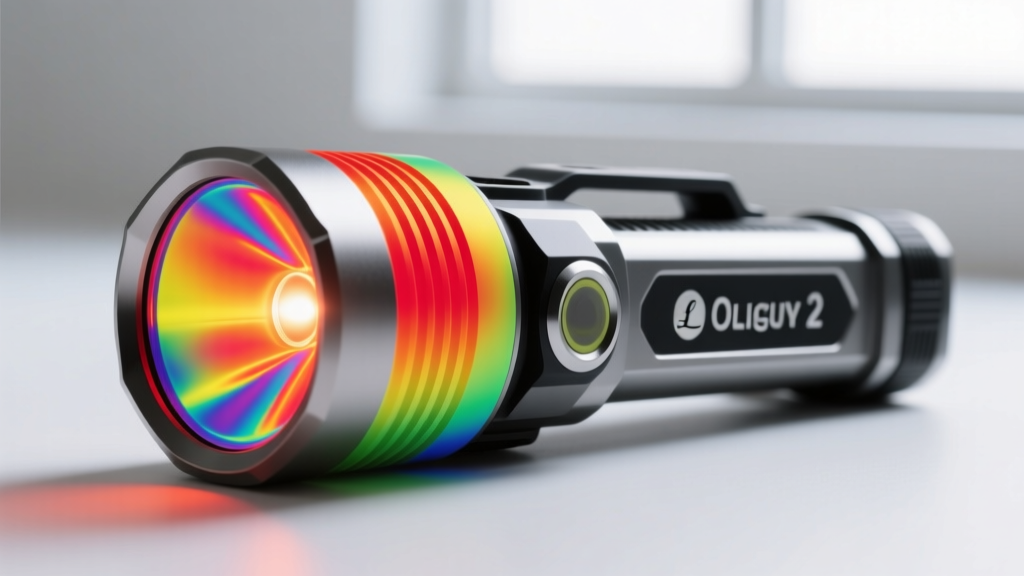 Thermal camera view of Olight Perun 2 headlamp showing heat dissipation pattern on aluminum body during 2500 lumen output test