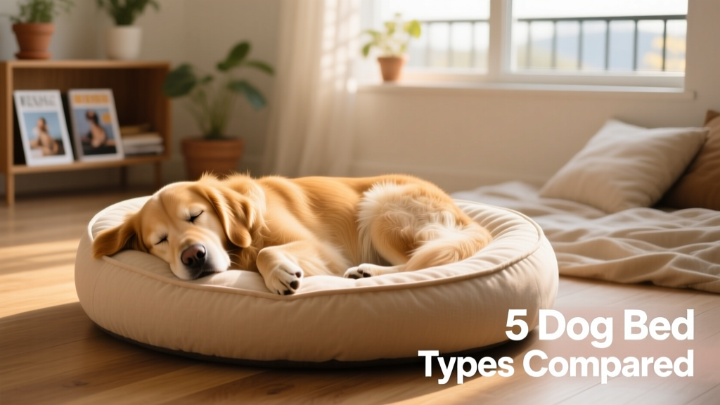 A golden retriever sleeping peacefully in a round bolster bed with soft raised edges