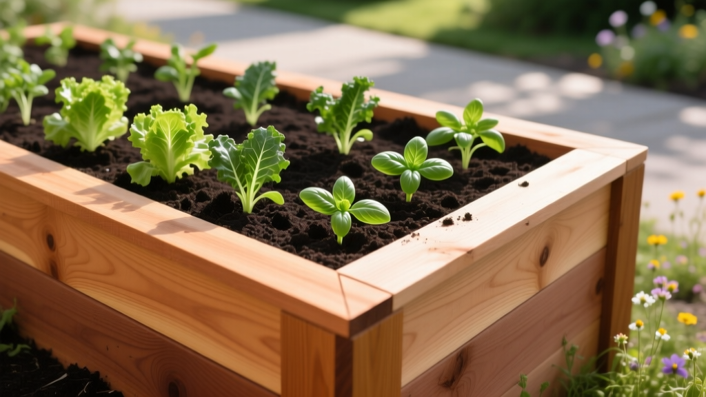 Western red cedar planks forming a corner joint for a garden raised bed, with dark rich soil and green seedlings inside