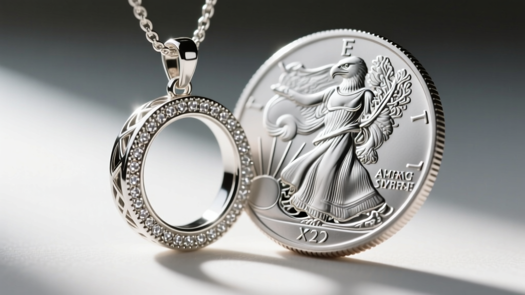 Macro shot of a sterling silver prong coin pendant bending slightly under the weight of a heavy one-ounce silver eagle coin.