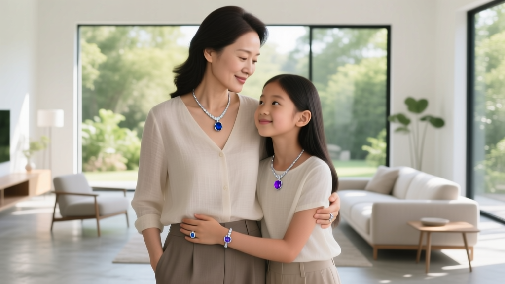 Mother and daughter wearing matching sterling silver birthstone ring necklaces, softly lit in a bright modern living room setting.