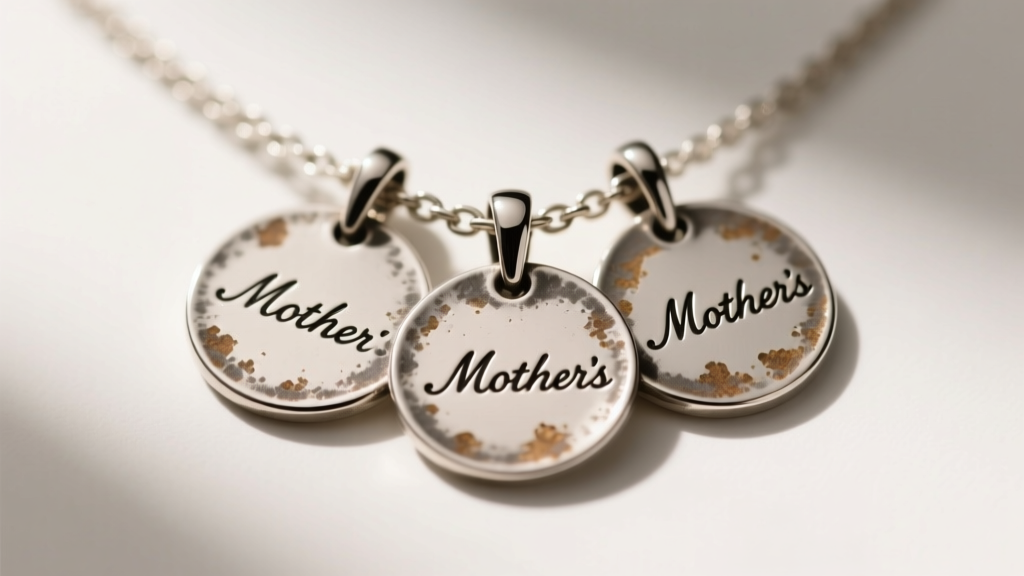 Close-up of tarnished sterling silver mothers necklace with three childrens names laser-engraved on interlocking circle pendants.