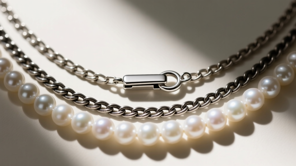 Top-down view of a sterling silver slide lock clasp being fastened on a double strand pearl and oxidized silver chain necklace