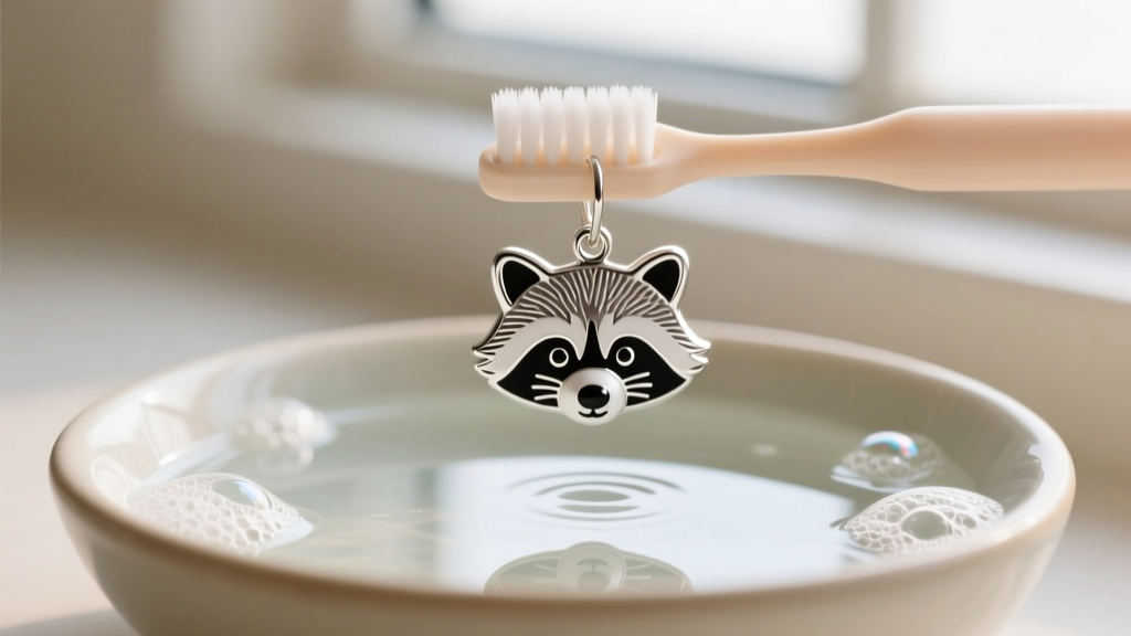 Soft baby toothbrush gently scrubbing the silver outline of a raccoon earring in a shallow bowl of distilled water and mild soap.