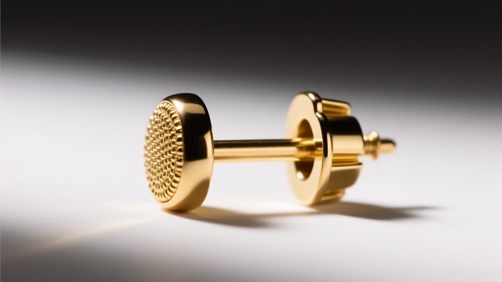 Macro view of a 20-gauge gold-plated earring post and clutch, showing the smooth metallic finish under bright studio lighting.