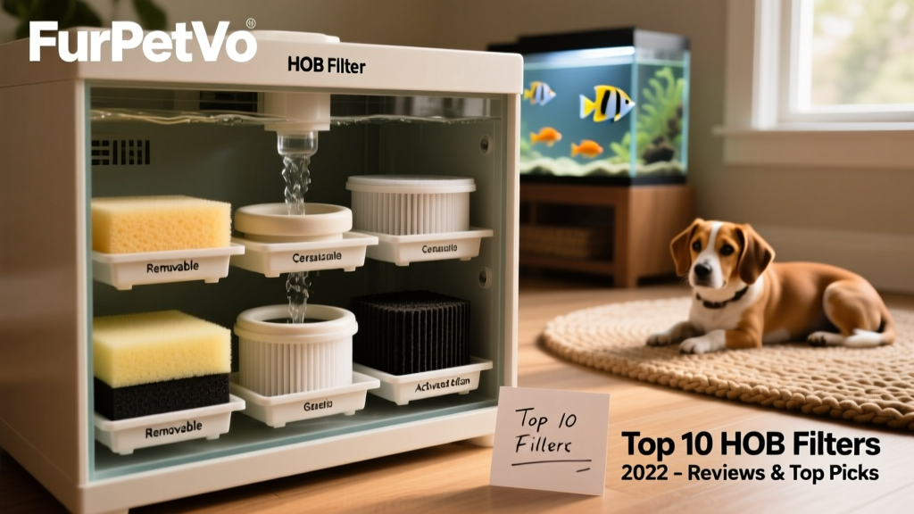Close-up of a FurPetVo HOB filter’s internal chamber showing layered sponge, ceramic rings, and activated carbon in clearly labeled, removable trays