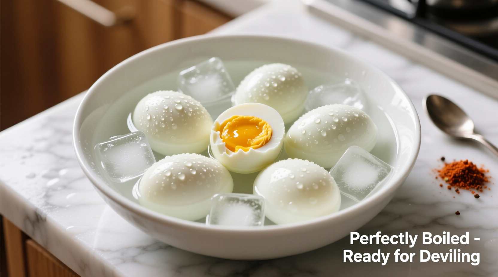 Perfectly boiled eggs in ice bath for deviled eggs preparation