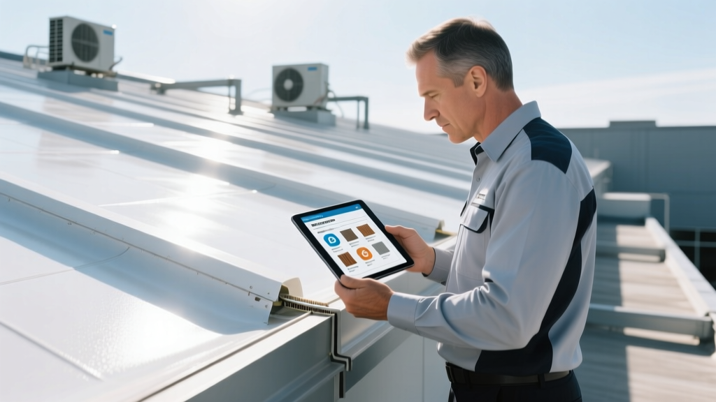 Facility manager holding a tablet displaying a digital roofing materials list PDF checklist while inspecting commercial TPO membrane roof seams