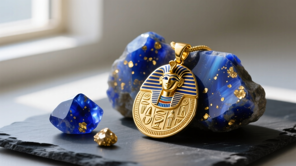 Raw lapis lazuli stones with golden pyrite flecks resting beside a polished 22k gold Egyptian revival pectoral pendant on slate.