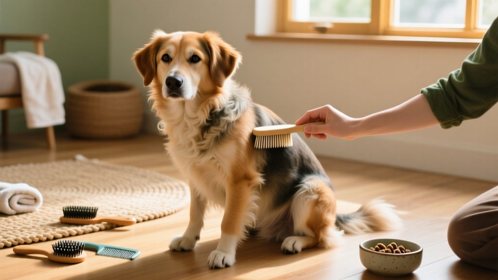 Dog sitting calmly while being brushed with a soft pin brush