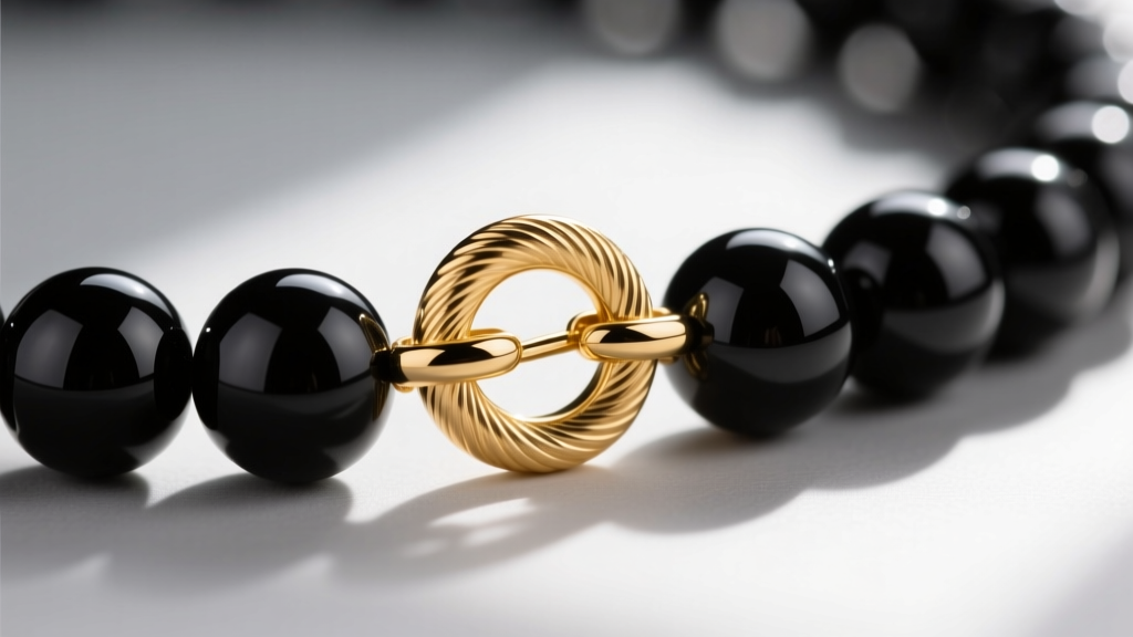 Close-up of a gold-filled toggle clasp on a 10mm black onyx bead strand, highlighting the metal texture and secure connection.