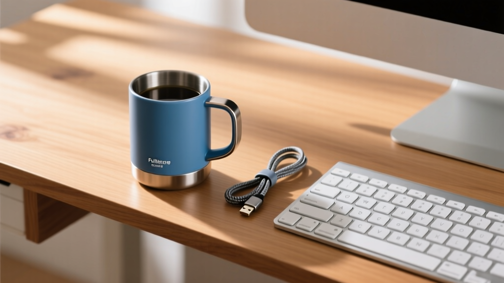 Top-down view of a smart temperature-control mug resting on a wooden desk shelf next to a wireless keyboard and braided cable ties