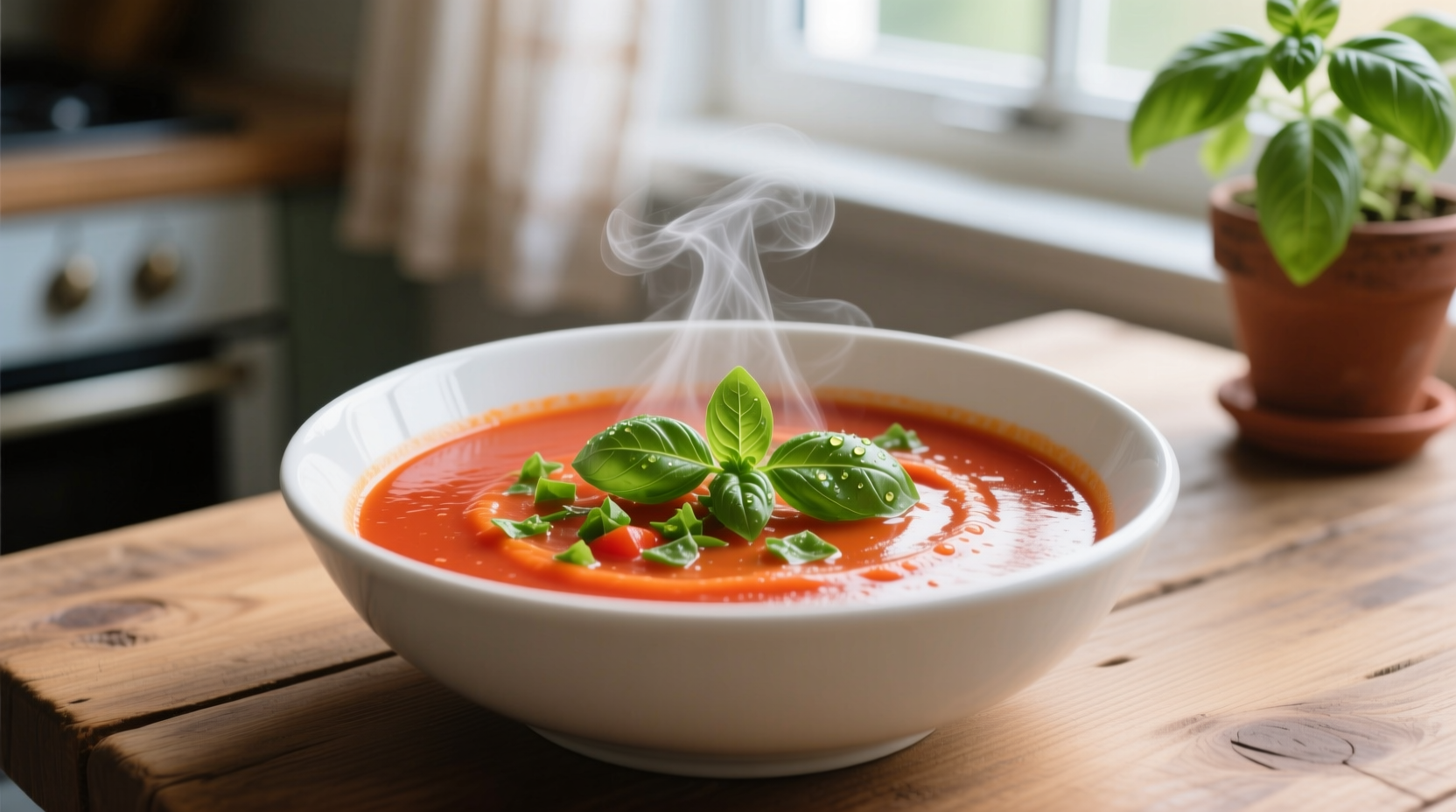 Fresh tomato basil soup in white bowl with basil garnish