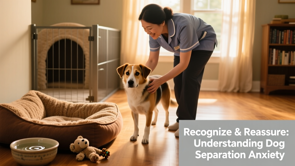 A person gently guiding a dog toward a cozy, gated-off area with a plush bed, water bowl, and stuffed treat toy