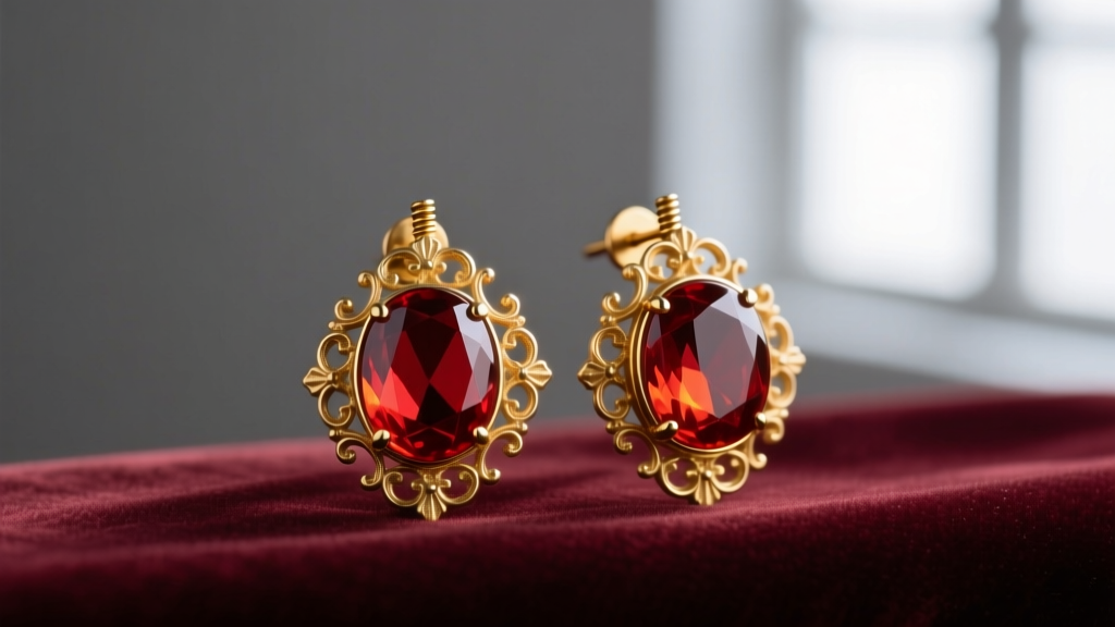 Victorian antique amber earrings with deep red cabochons in ornate gold screw-back settings resting on dark velvet.
