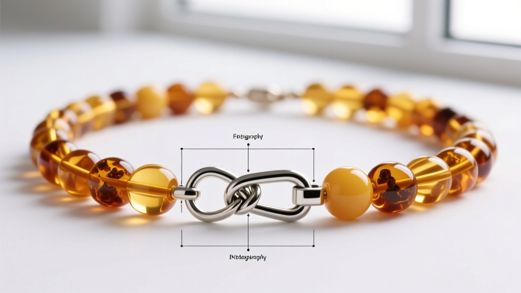 Technical diagram showing knotting between individual amber beads and a safety breakaway clasp on a clean white background.